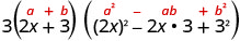 A mathematical expression demonstrating the sum of cubes formula: 3 * (a + b) * (a^2 - ab + b^2), where a = 2x and b = 3. This simplifies to 3 * ((2x)^3 + 3^3).
